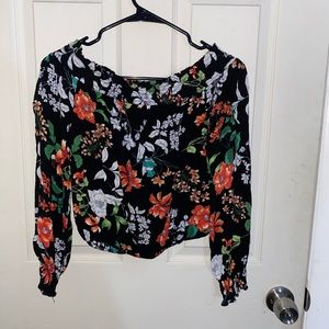 Black, white, green, orange floral off the shoulder blouse